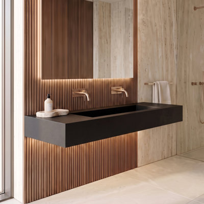 Pyramid 72" Wall Mounted Rectangular Solid Surface Bathroom Trough Sink in Matte Finish - Black, No Faucet Holes