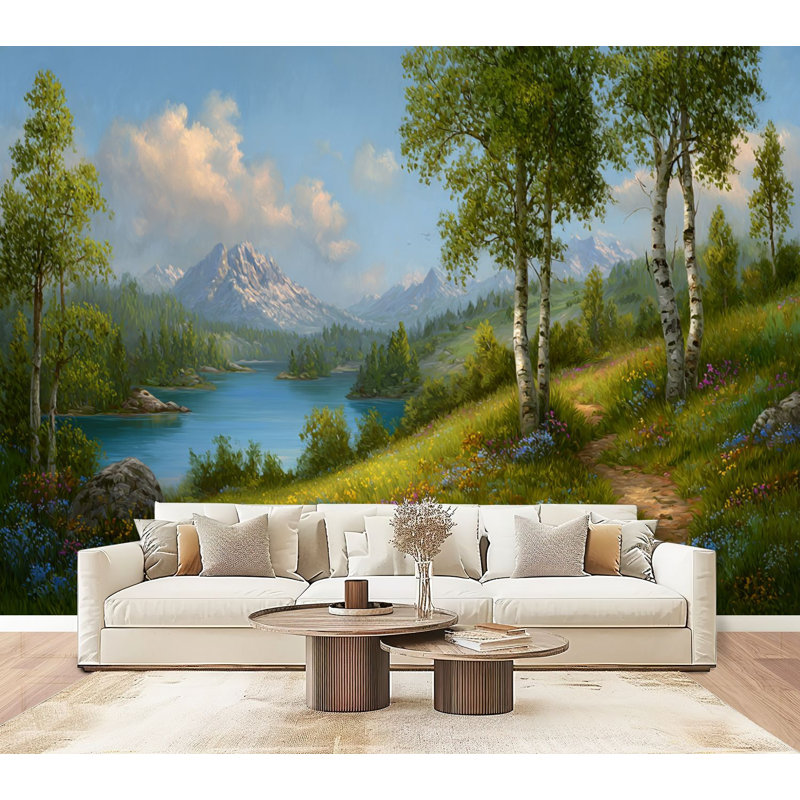 Papier peint adhésif à peler et coller Blue Lake Green Trees, L 96 po x l 69 po