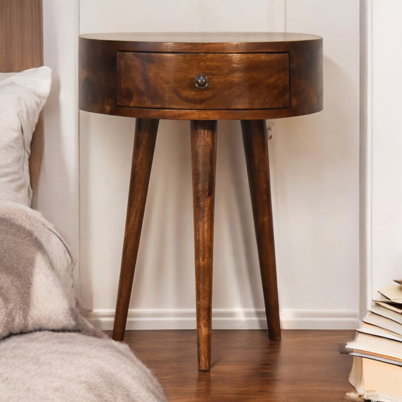 Table de chevet demi-cercle en bois châtaignier, pieds nordiques, brun foncé