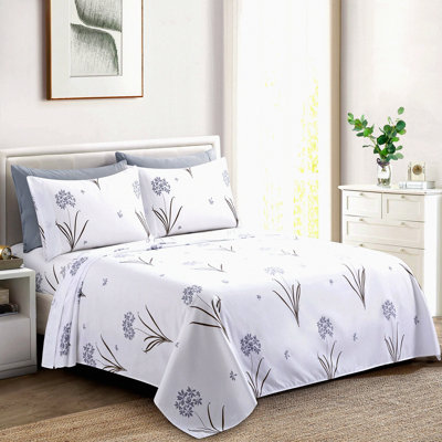 Luxury Silky Hydrangea Floral Sheet Set - Ultra Soft Deep Pocket Bedding with 4 Pillowcases - All Season Queen Size - 6 Pieces Grey Pattern