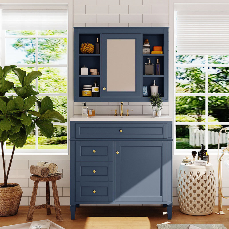 Meuble-lavabo 36 po avec armoire à pharmacie, armoire de rangement moderne avec 2 portes à fermeture douce et 4 tiroirs, meuble-lavabo simple