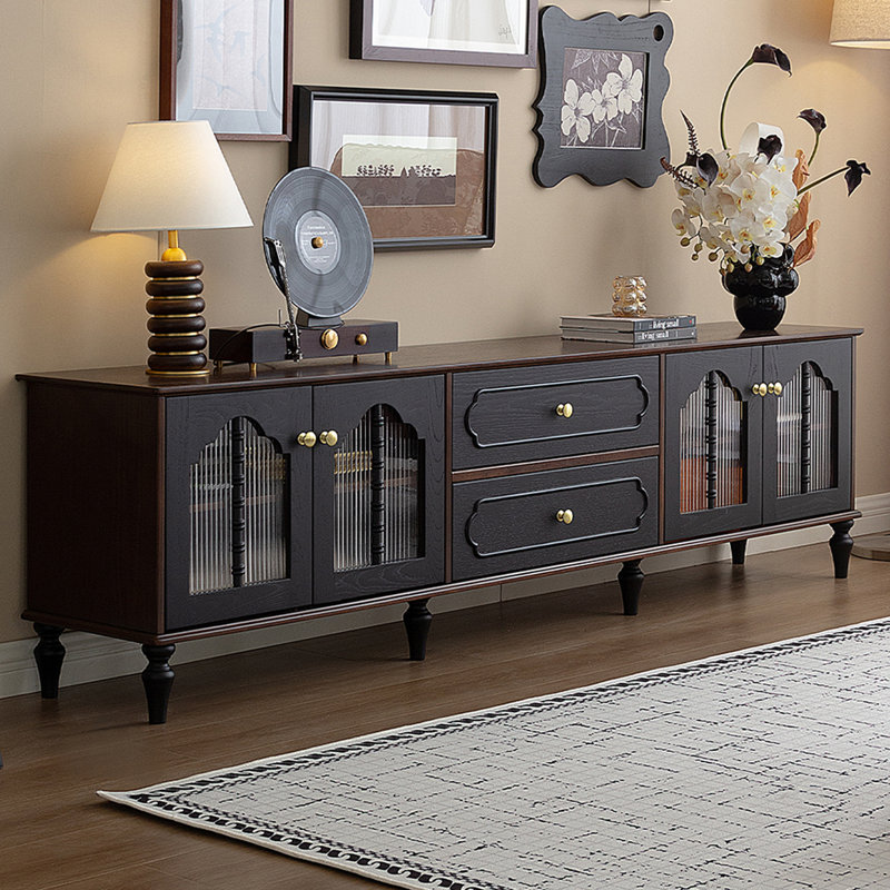 Meuble télé en bois manufacturé rétro noir, H 23,62 po x l 86,61 po x P 15,75 po