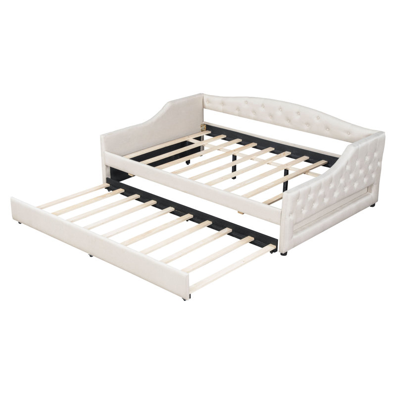 Sofa Bed Full XL With Trundle And LED Lighting, Full XL, Beige