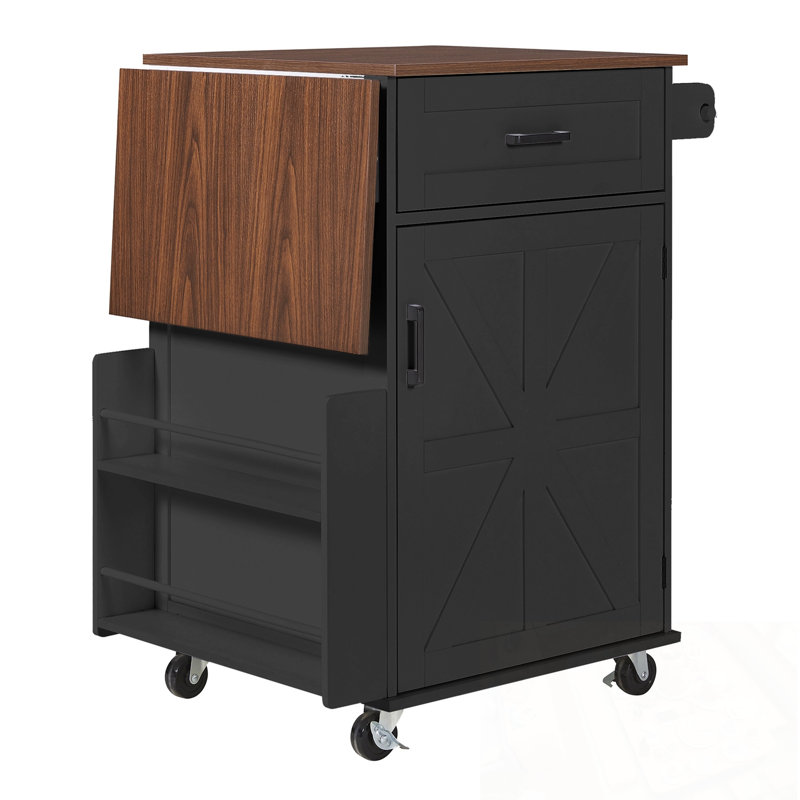 Kitchen Island with Drop Leaf, Open Side Rack, One Drawer and Towel Rack, Black