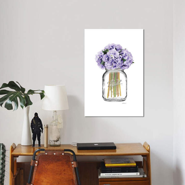 « pot de verre avec mauve hortensias », impression sur toile, H 12 po x l 8 po x P 0,75 po, Toile tendue, Pas de tapis
