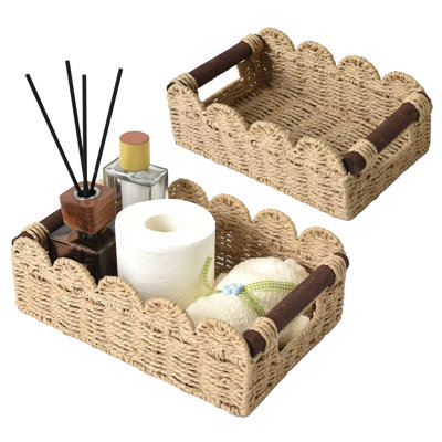 Cute Scalloped Basket, Handwoven Toilet Paper Storage with Built-in Handles, Wicker Bathroom Basket Organizer for Home, Living Room(Set of 2)