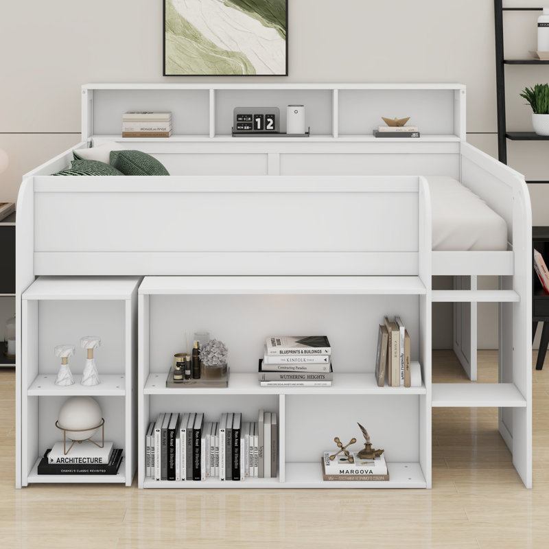 Stylish Wooden Loft Bed With Study Desk, Storage Shelves And LED, White