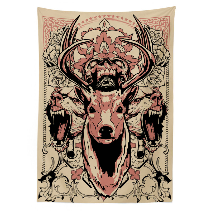 Ambesonne Deer Tablecloth, Modern Illustration Of Skull And Wolves With Floral Design Majestic Antler, Rectangular Table Cover For Dining Room Kitchen Decor, 52" X 70", Black Beige Pink