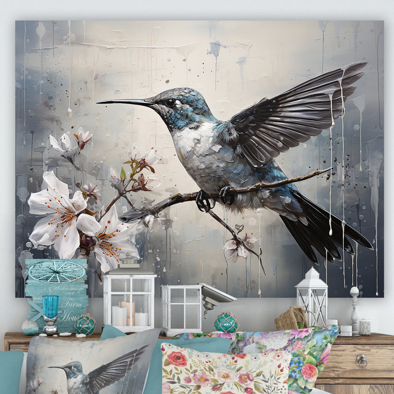 Colibri harmonie florale II sur toile, Encadrement doré, H 12 po x l 20 po