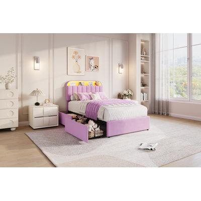 Structure de lit simple avec tête de lit avec rangement et lumières DEL RVB, 2 tiroirs sous le lit, tête de lit réglable, velours mauve