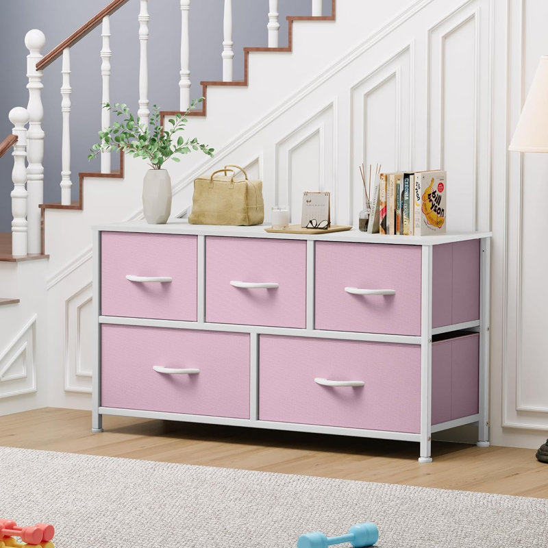 Commode 5 tiroirs en tissu rose avec plateau en bois et structure en métal pour le rangement, Rose/Blanc