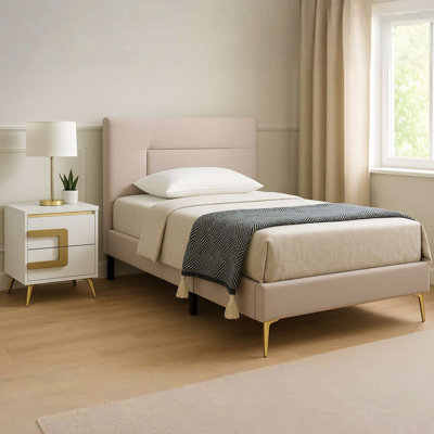2-Piece Bedroom Set – Upholstered Twin Verona Bed with Claire Nightstands in White and Gold Accents for Modern Bedrooms