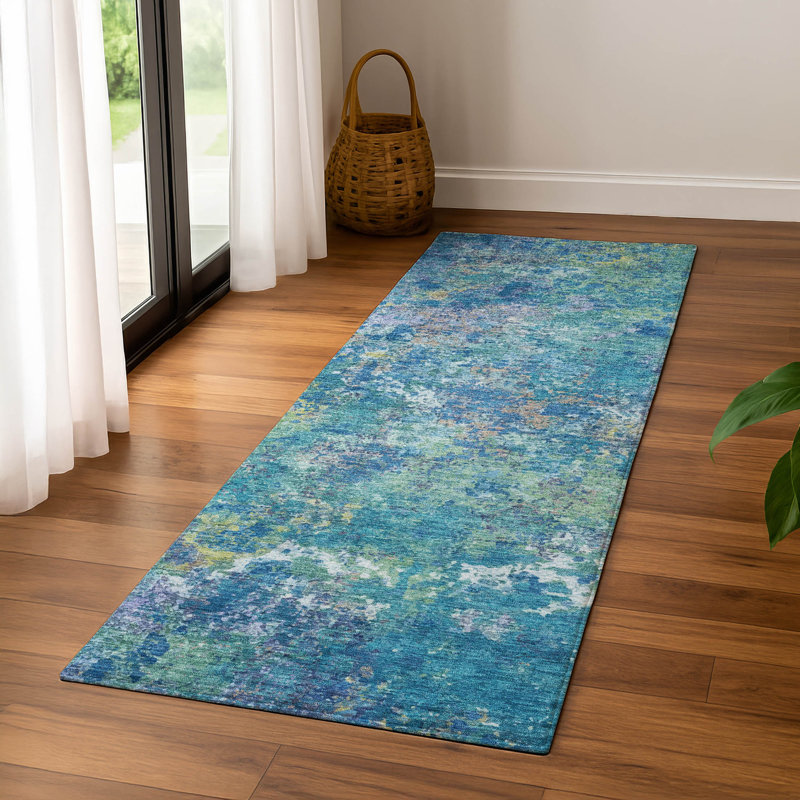 Premium Machine Washable Mayfield abstract Rug, Blue, 2'3" x 7'6" Runner