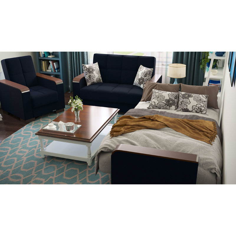 Convertible avec garniture en bois avec rangement, bleu foncé, collection X, collection de sièges de bureau peu encombrants, revêtement en chenille bleue, garni, efficace