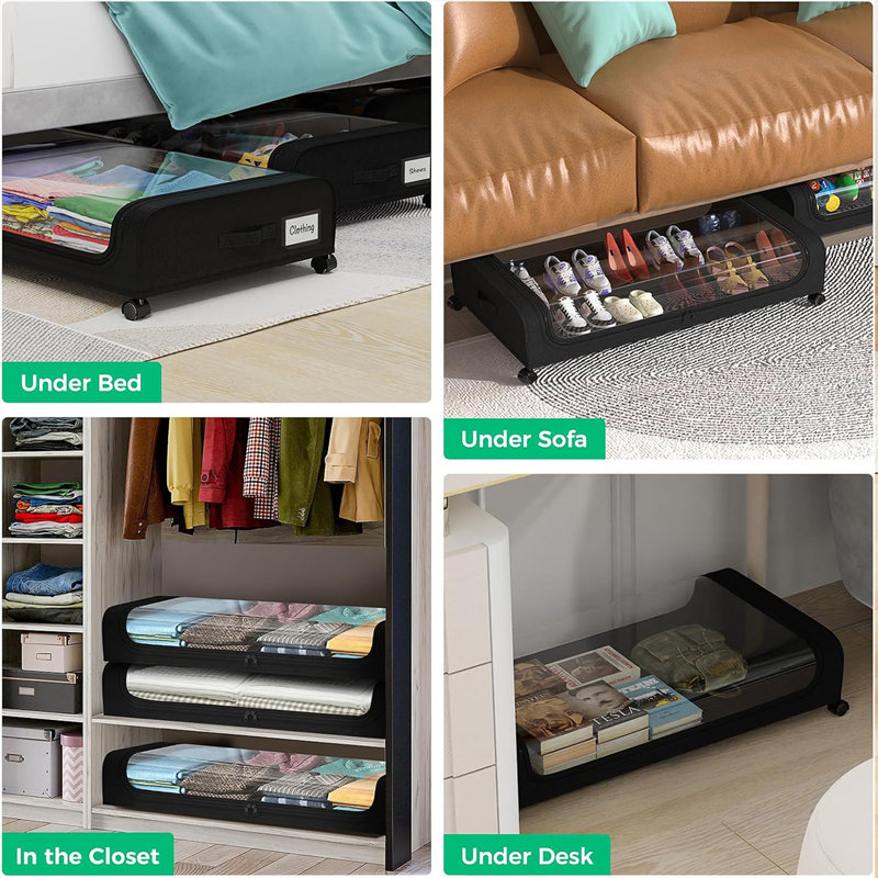 Black Plastic Under Bed Storage Box with Clear Lid and Wheels
