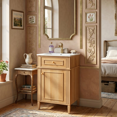 Meuble-lavabo autoportant compact de 20 po avec lavabo en céramique, armoire en bois d'hévéa massif avec tiroir inclinable, organisateur de porte intégré à 2 niveaux et tablette réglable (4 finitions disponibles)