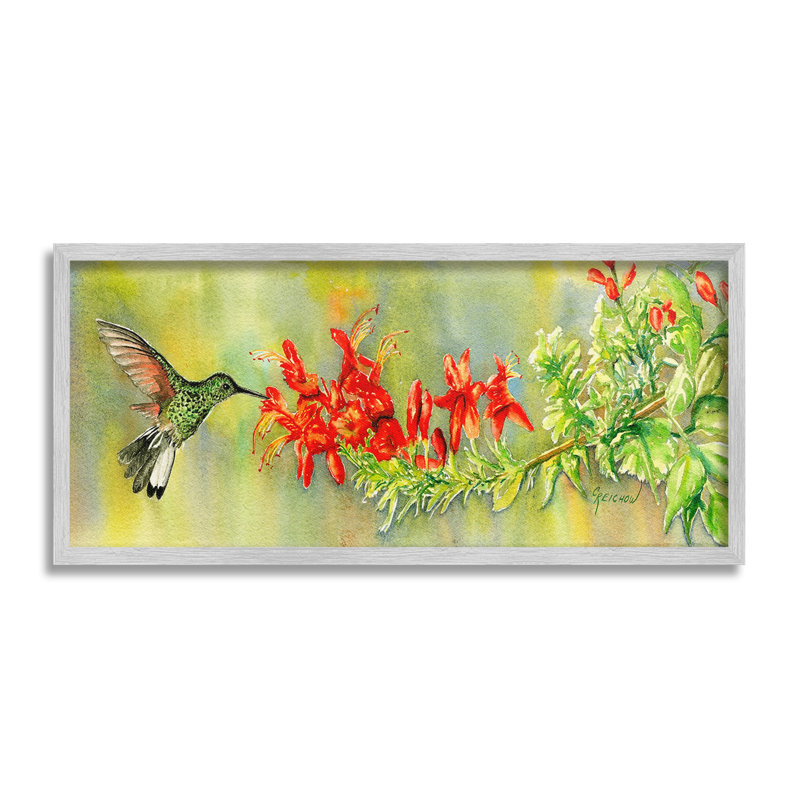 Colibri et lis rouges, estampe numérique encadrée par Christine Reichow, Giclée encadrée noir minuit, H 13 po x l 30 po