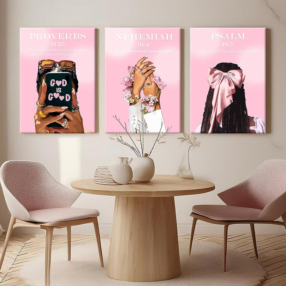 Black Girl Wall Art Pink Christian Canvas Poster Bible Verse Wall Decor African American Woman Pictures Fashion Black Women Prints Trendy Faith Script