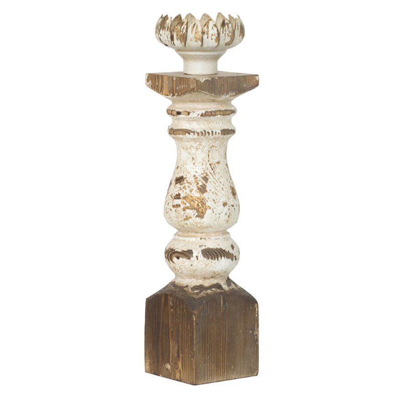 Bougeoir, plateau en forme de fleur de lotus, corps tourné, bois blanc 19 po