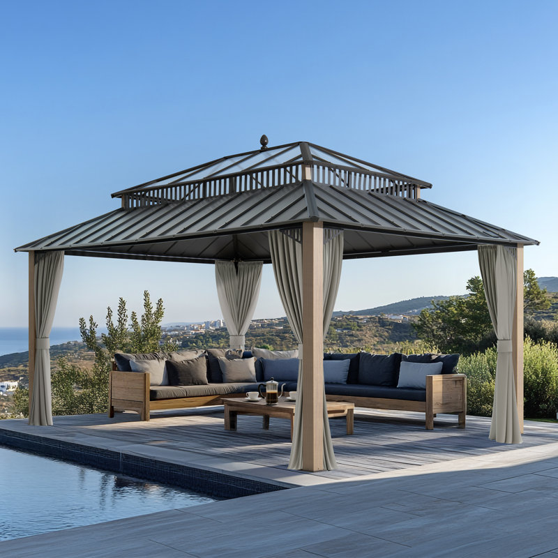 SUNJOY Kingston 16x12 Gazebo, Steel & PC Roof Hardtop Gazebo with Curtain and Netting - Woodgrain Aluminum Posts, Woodgrain
