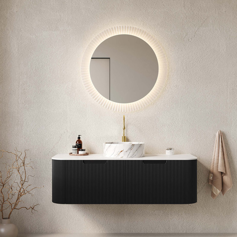 Meuble-lavabo 48 po avec lavabo, meuble-lavabo mural à bords arrondis avec 2 tiroirs, lavabo rond en céramique avec motif de pierre, pré-assemblé