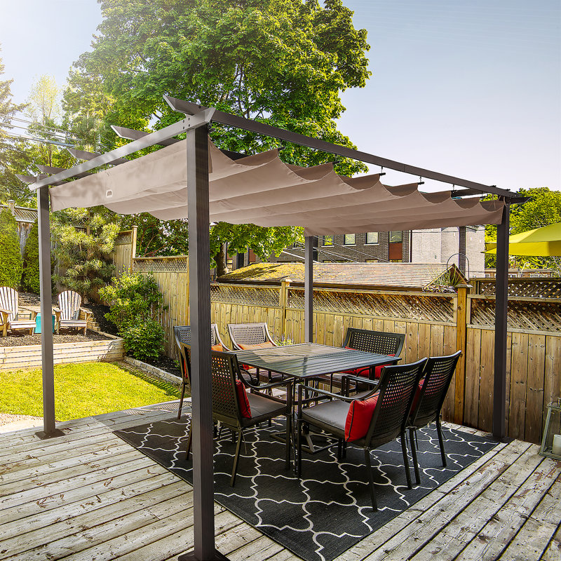 Aluminum Pergola with Retractable Canopy, Brown, 13 ft. W x 10 ft. D