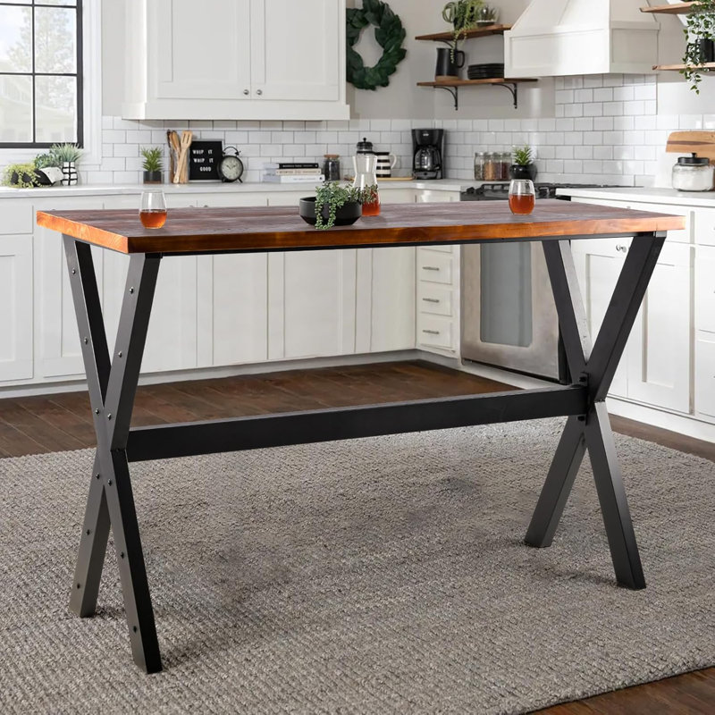 3-Piece Table & Chairs Set,  Bar Dining Cafe Pub Party, Industrial Black Metal & Rustic Brown Wood, X-Leg Rectangular Table, 2 Swivel Adjustable Barstools With Backrest