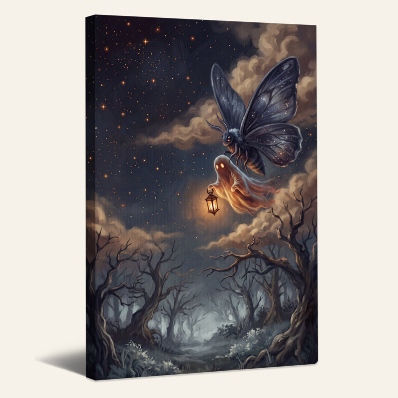 Tableau sur toile d'Halloween représentant un fantôme de lanterne et un papillon de nuit aux ailes étoilées au-dessus d'une forêt