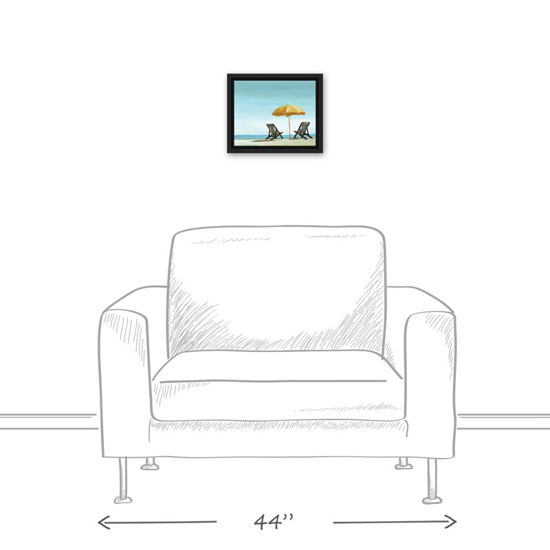 « beach chaises under jaune parasol », peinture à l’acrylique sur toile en bleu, H 8 po x l 10 po, Cadre noir