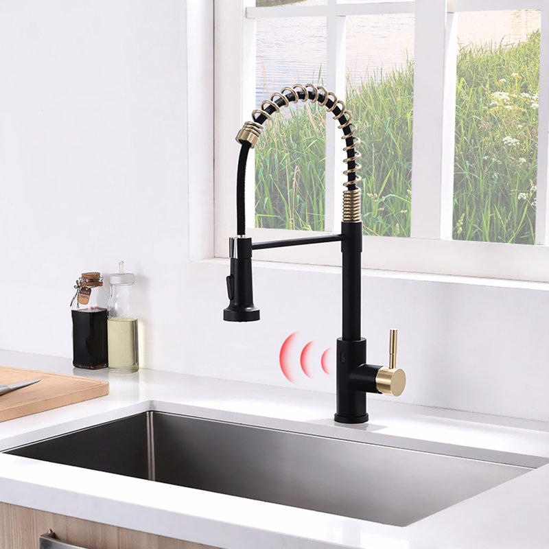 Touchless Kitchen Faucet - Automatic Smart With Pull Out Spray, Hands For Kitchen, Black And Gold, Contemporary, Ceramic Filler, Brass Construction Motion Sensor, Sink Faucet, + Contemporary Style,