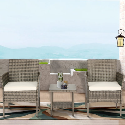 Set Of 3 Patio Furniture Wicker Bistro Set Outdoor Conversation Set Weather Resistance Outdoor Furniture Set With Cushion 2 Rattan Chairs And Glass Top Coffee Table For Coffee Bar Poolside Backyard