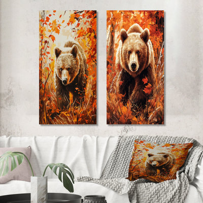 Bear In The Autumn Meadow I - Animals Wall Art 2 Panels Collection