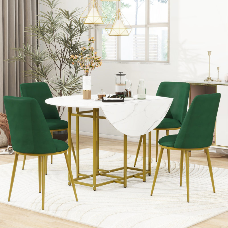 Ensemble de table de salle à manger extensible 5 pièces pour petits espaces - Plateau rond en faux marbre avec cadre doré, 4 chaises rembourrées, design pliable compact, blanc et vert