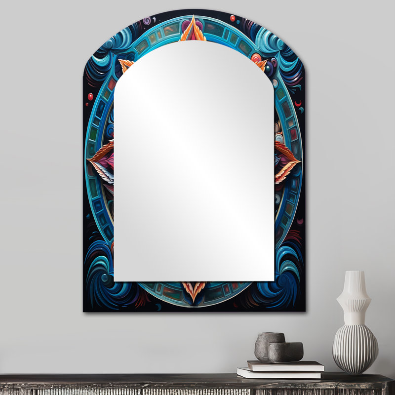 Miroir asymétrique ancien antique coloré mandala V - Boho Mandala, miroir mural unique arche rose, impression d'art en métal