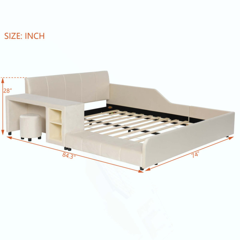 Velvet Upholstered Grounded Platform Bed, Mother & Child Bed with Bedside Desk, Storage Shelf and Round Stool for Kids Bedroom