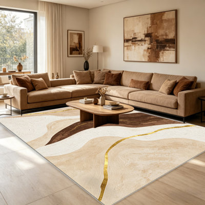 Tapis brun et doré abstrait - facile à nettoyer, lavable à la machine, doux et confortable; convient aux tapis de porte, aux cuisines, aux salons, aux chambres à coucher, aux couloirs et aux buanderies. Tapis facile à nettoyer et durable pour la décoration intérieure.