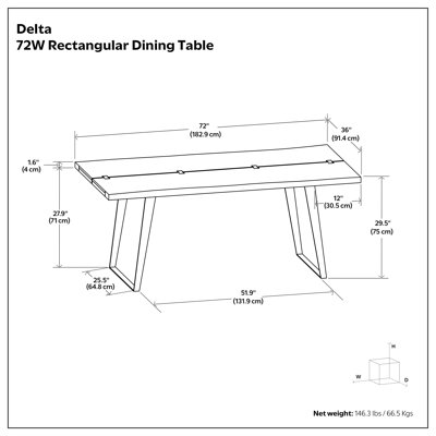 Delta 72"W Solid Acacia Dining Table, Industrial Style with Live Edge