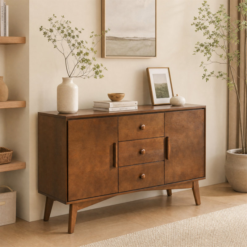 Buffet moderne du milieu du siècle de 120 cm (47,3 po) avec 2 portes et 3 tiroirs, noyer