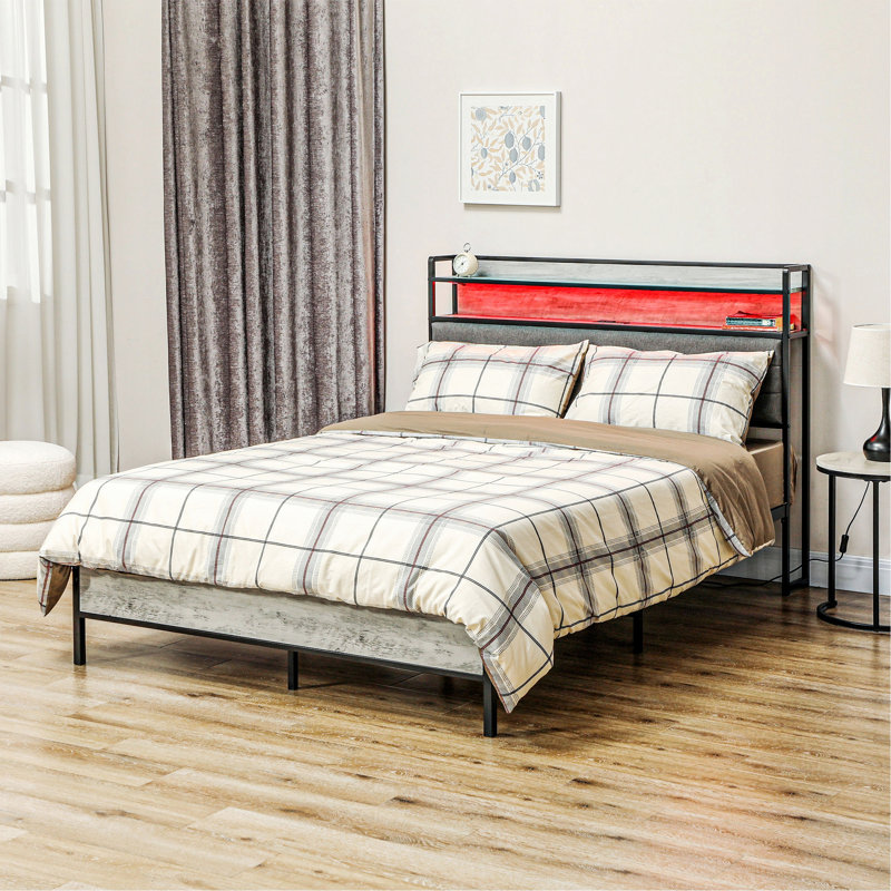 Modern Bed Frame For Bedroom, Guest Room, Bed Frame With Storage Headboard, Upholstered Platform Bed With LED Lights, Charging Station And Steel Slats
