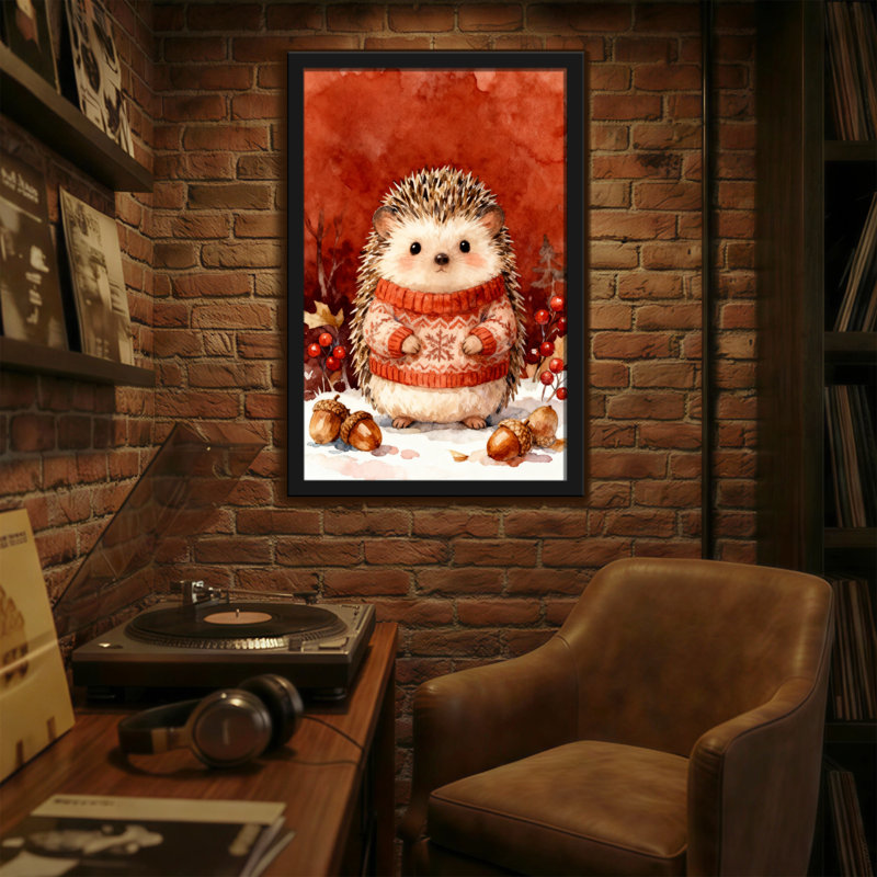Christmas Hedgehog Wearing Sweater Autumn Acorns Berries Background