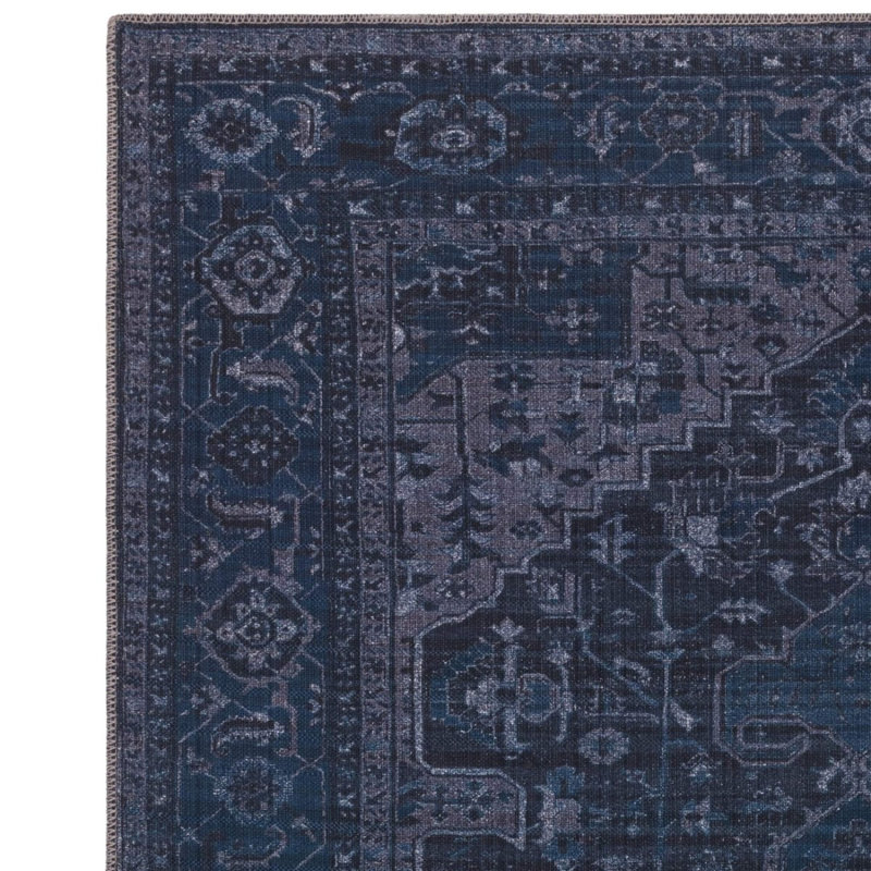 Dark Blue Traditional Persian Bordered Floral Abstract Easy To Clean Rug For Living Room And Bedroom, Rectangle 200 x 290cm