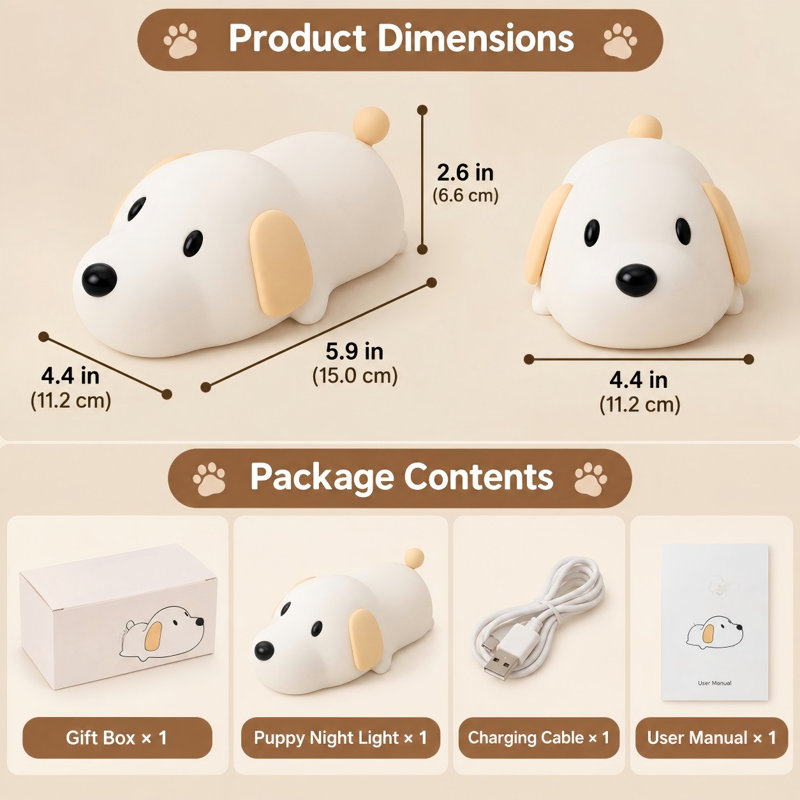 For nursery lighting, camping, parties, or room decor, this super-squishy silicone LED puppy lamp brings a cute kawaii dog design to kids and adults, with USB-rechargeable power, touch control, and dimming (Dog).
