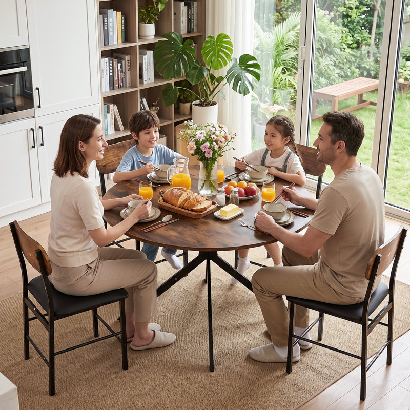 Ensemble de table et de chaises rondes de 5 pièces pour 4 personnes, de style moderne du milieu du siècle, avec des sièges en similicuir, idéal pour les petits espaces.