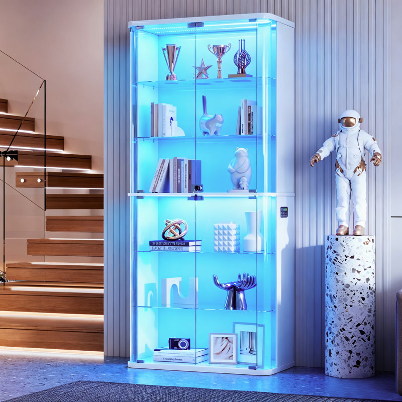 70.9" T Glass Door Display Cabinet with RGB Light, 6-tier Rounded Corner Storage Cabinet with Human Body Sensor , White