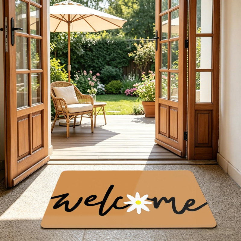 Boho Daisy Welcome Floor Mat For Entrance Porch, 24 X 36 In, Tan Black White