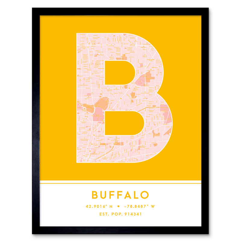 Buffalo City Map Buffalo Yellow by Wee Blue Coo - Single Picture Frame Typography