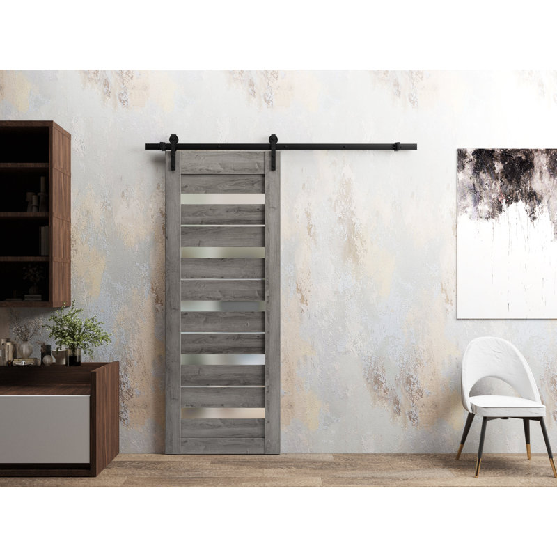 Porte de grange robuste en verre dépoli Quadro 4445 Gris Nebraska, rail de 2 m (6,6 pi), quincaillerie lourde, portes intérieures à panneaux pleins - 81 cm x 213 cm (32 po x 84 po) - Rail noir
