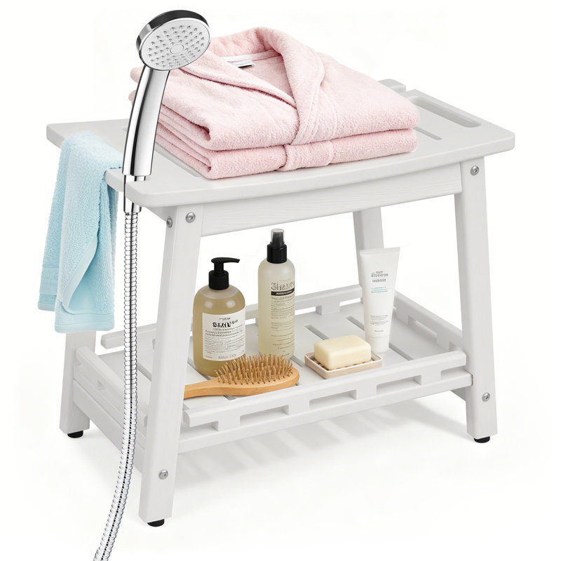 Large Hdpe Shower Bench Seat For Shaving Legs, Waterproof Shower Stool With Storage Shelf For Bathroom, Weather Resistant/non-slip/handles/indoor Or Outdoor Use, White