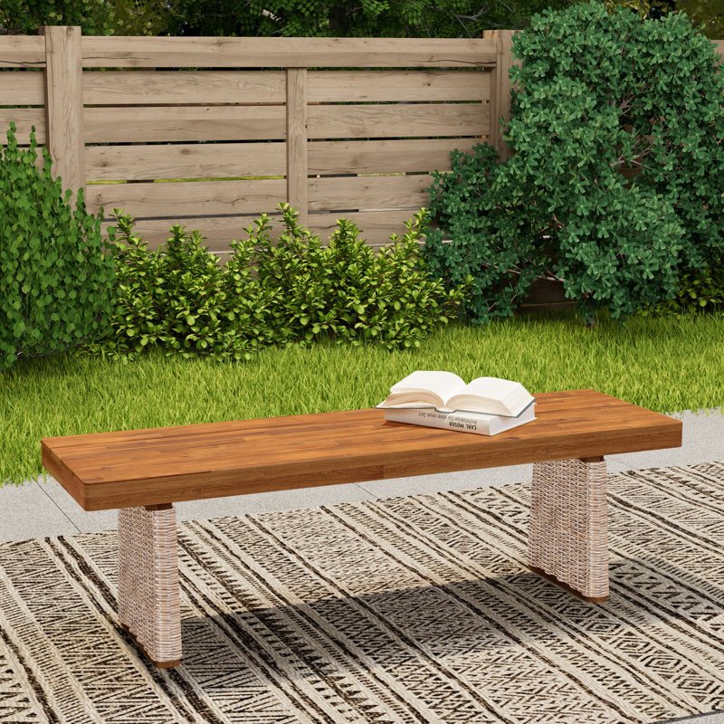 Outdoor Acacia Wood Bench With Finish And Handwoven Rattan Legs For Durable And Stylish Seating, Brown