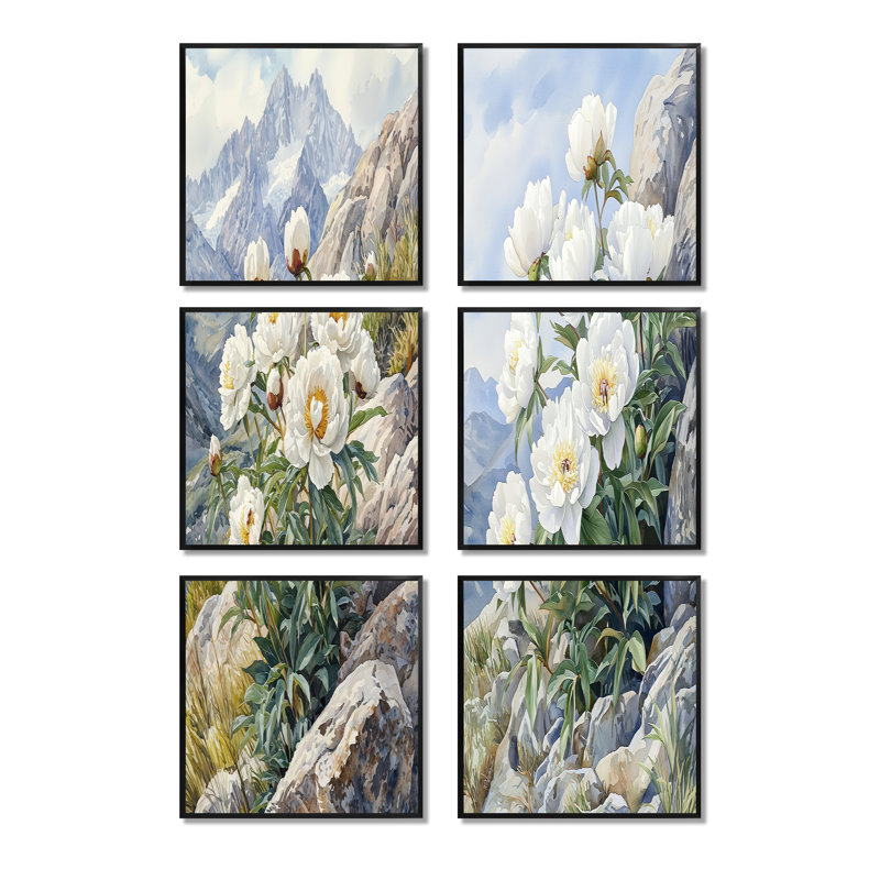 Pe pivoines par The Rocky Slope - Ensemble de 6 décorations murales florales, Impression encadrée sans passe-partout, Noir